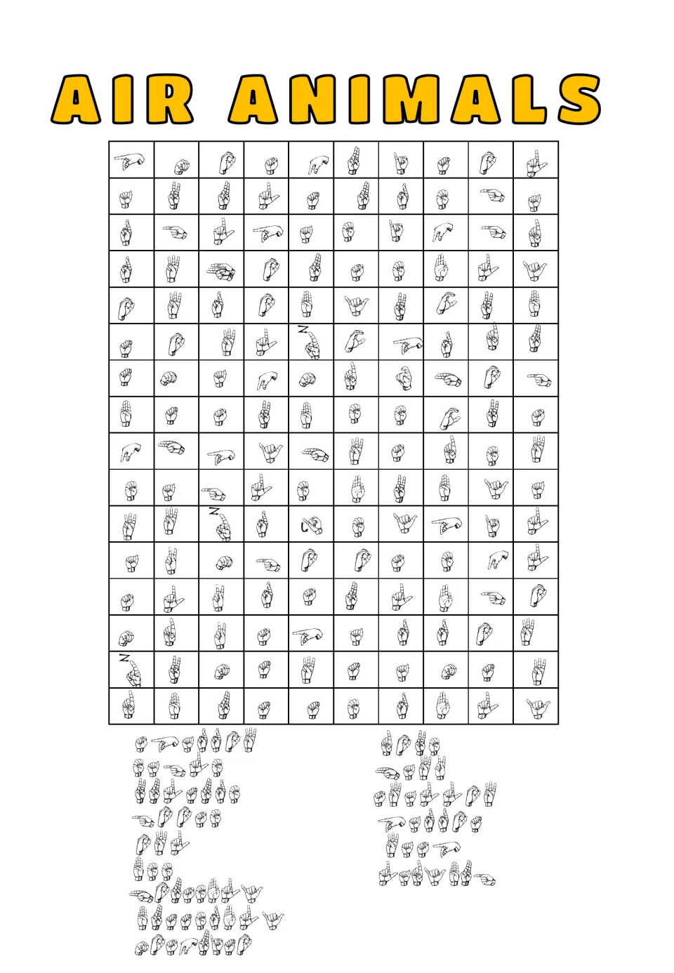 Air-animal word search using ASL handshapes, with 15 fingerspelled words including owl, bee, and butterfly