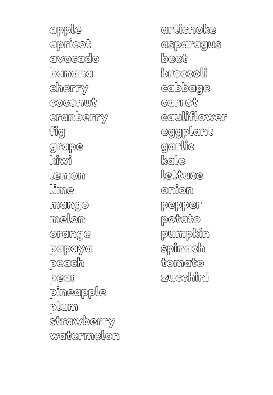 Vocabulary list for the fruit and vegetable flashcards: 40 words, including apple, apricot, avocado, and zucchini
