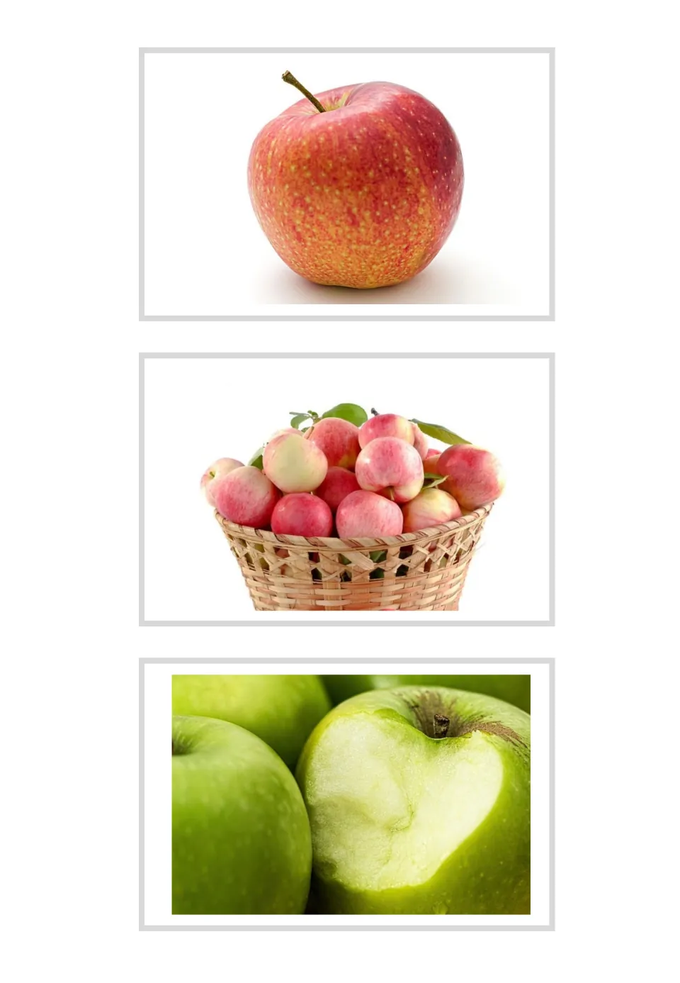 Three unlabeled apple vocabulary photo cards: a red apple, a basket of apples, and green apples with a bite