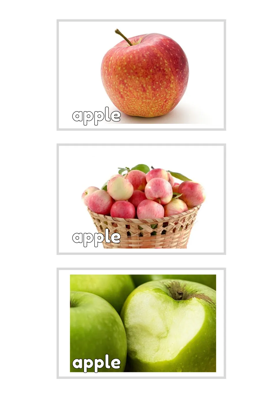 Three apple vocabulary photo cards labeled 'apple': a red apple, a basket of apples, and bitten green fruit