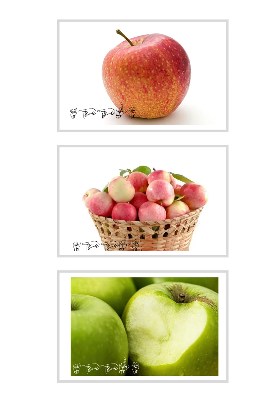 Three apple vocabulary photo cards with ASL fingerspelling: a red apple, a basket of apples, and green apples
