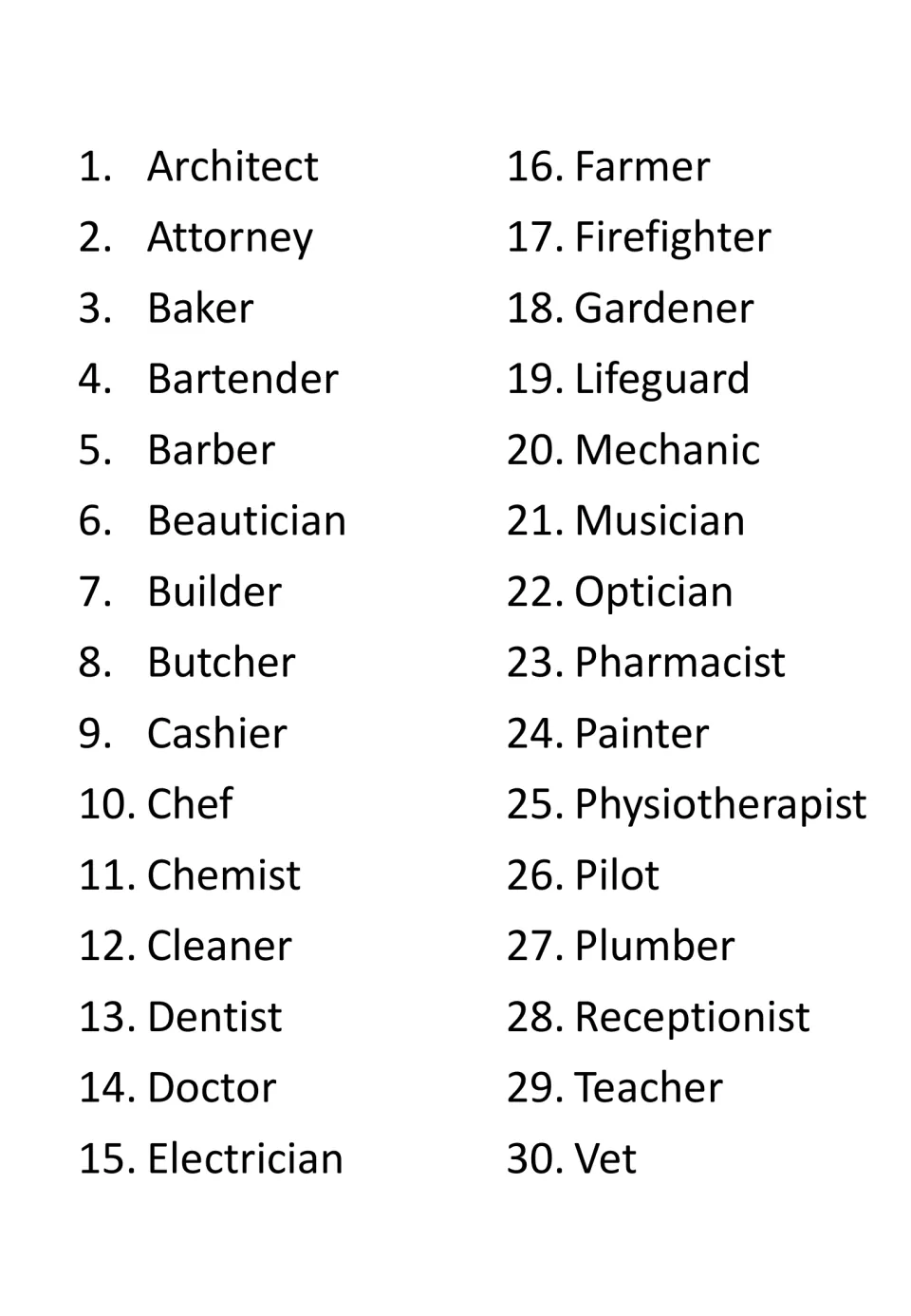 Professions flashcard reference list naming 30 occupations, including architect, attorney, baker, and vet