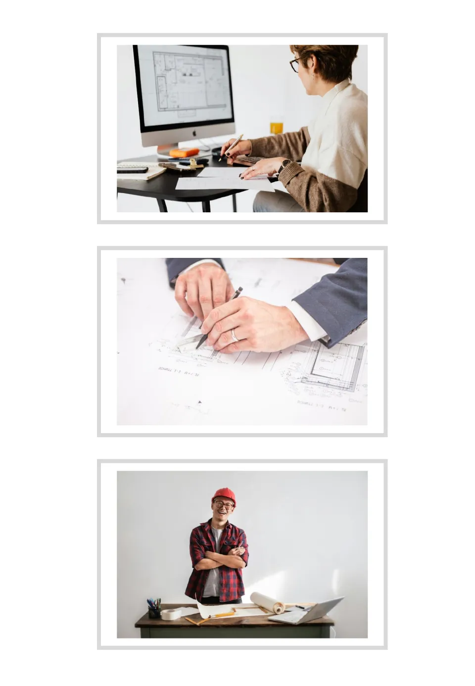 Three photo-only architect vocabulary cards showing computer design work, drafting, and an architect