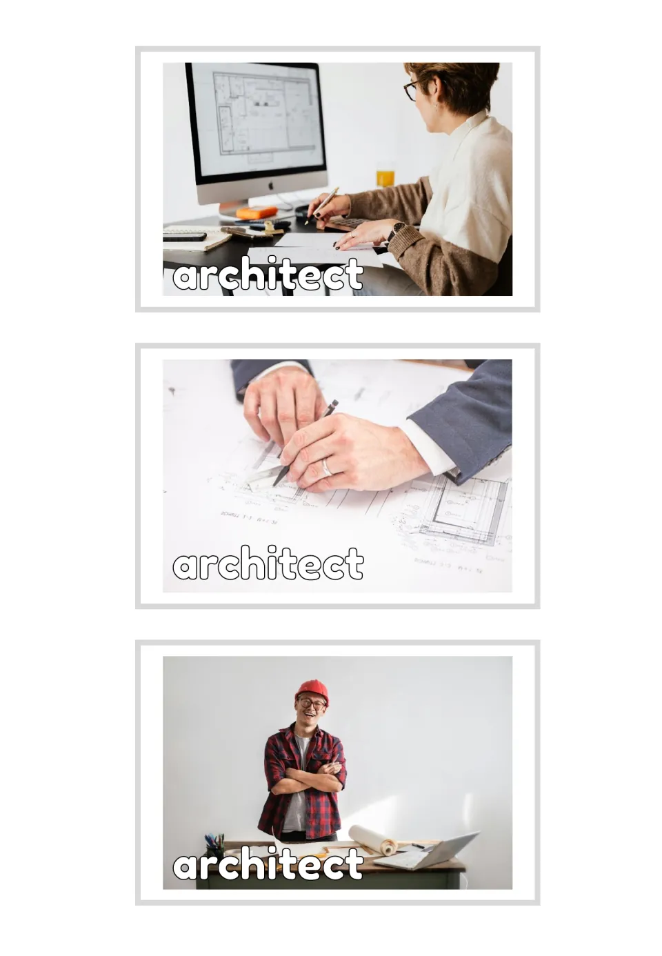 Three architect vocabulary photo cards labeled 'architect,' showing computer design, drafting, and plans
