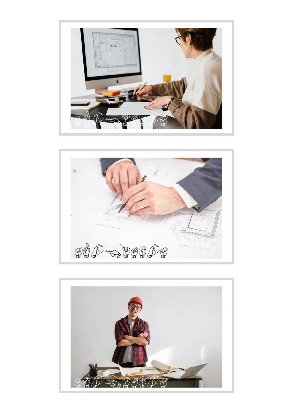 Three architect vocabulary photo cards with ASL fingerspelling, showing computer design, drafting, and plans