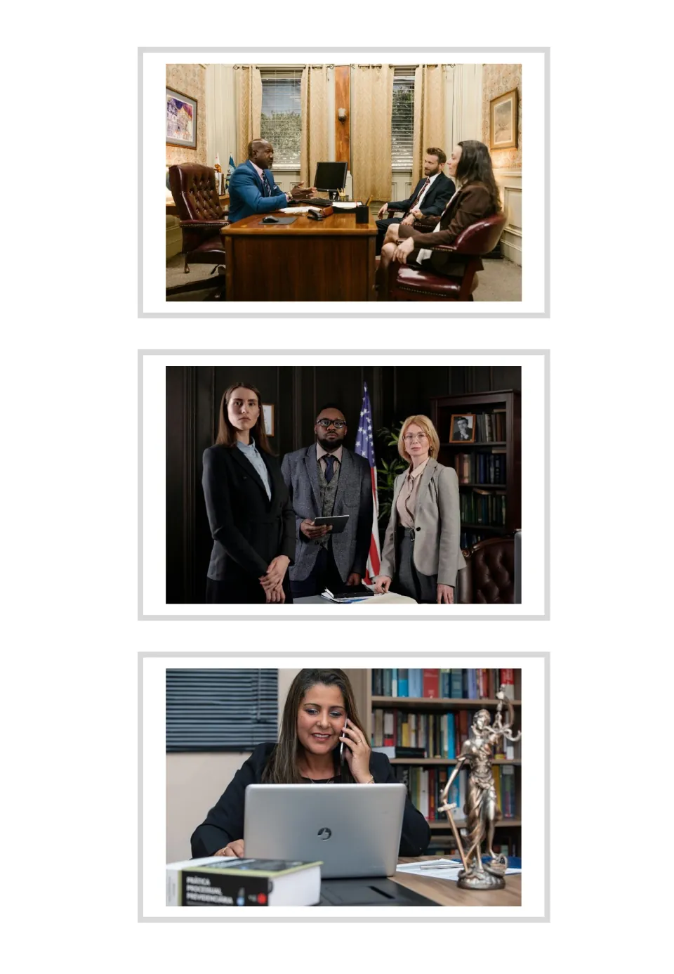 Three photo-only attorney vocabulary cards showing a client meeting, a legal team, and an attorney on a call