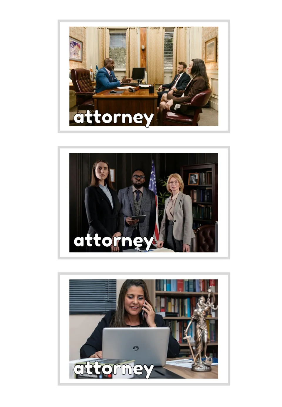 Three attorney vocabulary photo cards labeled 'attorney,' showing a client meeting, a team, and a phone call