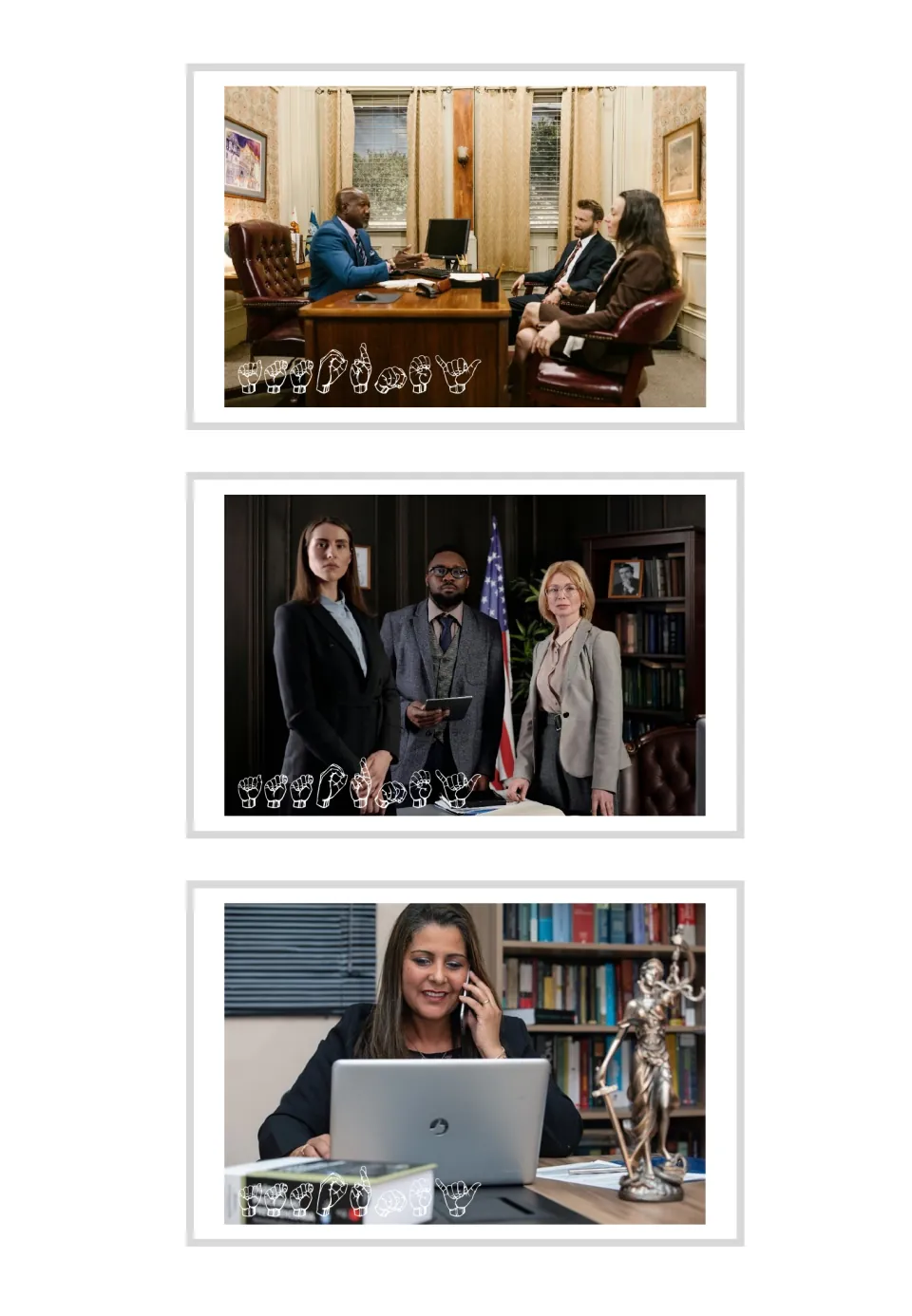 Three attorney vocabulary photo cards with ASL fingerspelling, showing a meeting, a team, and a phone call