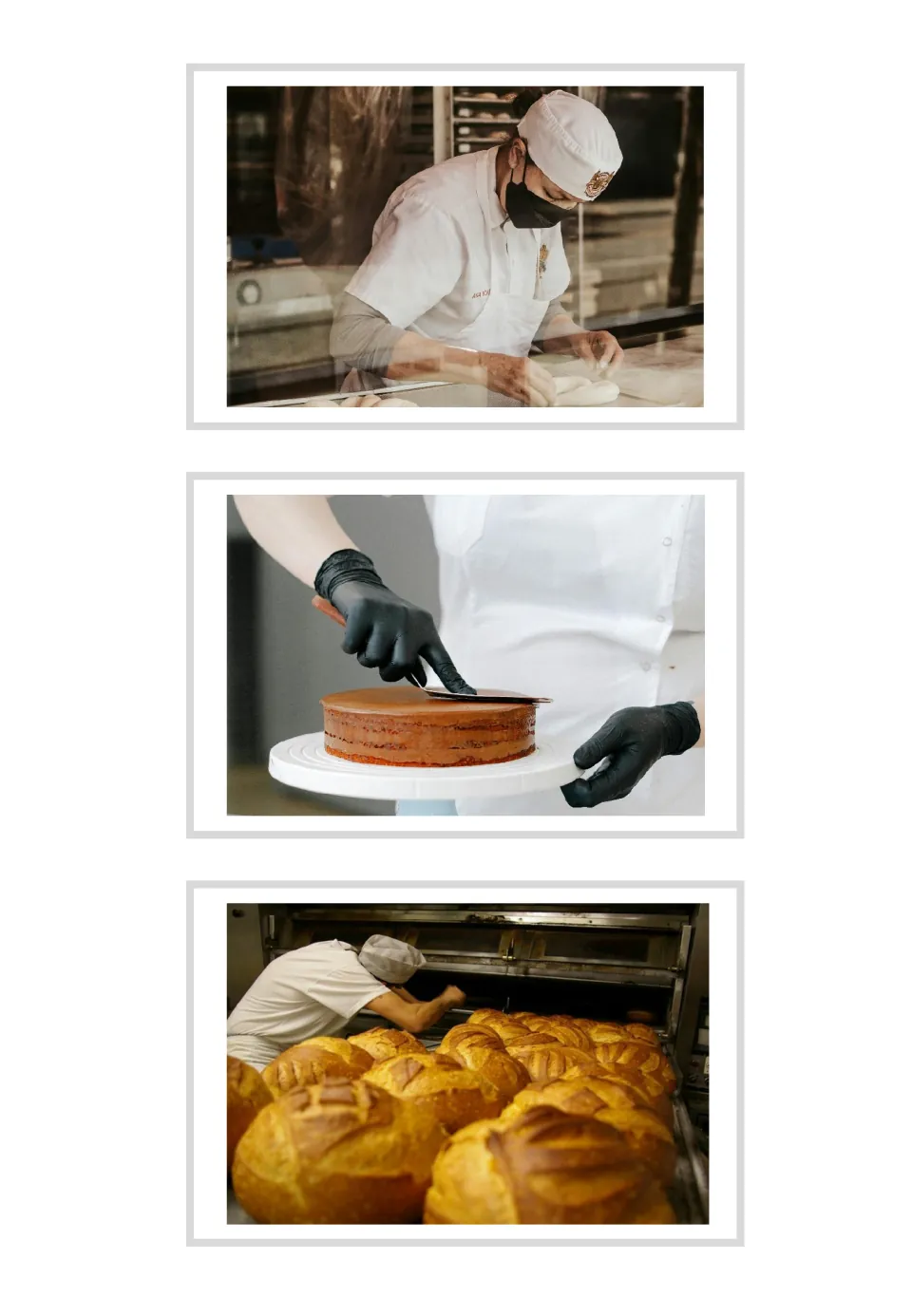 Three photo-only baker vocabulary cards showing dough preparation, cake frosting, and bread at an oven