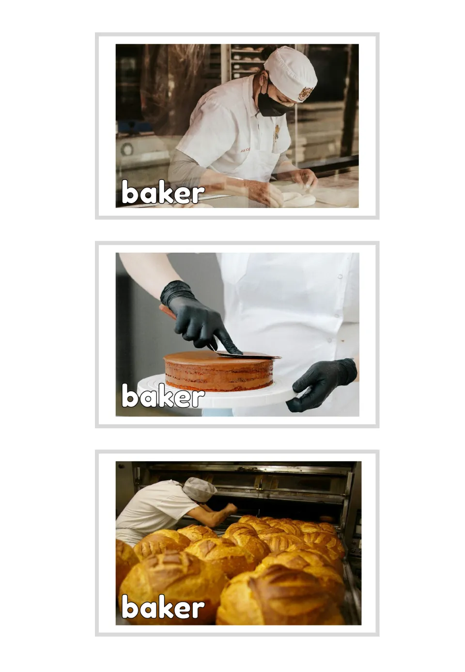 Three baker vocabulary photo cards labeled 'baker,' showing dough preparation, cake frosting, and bread