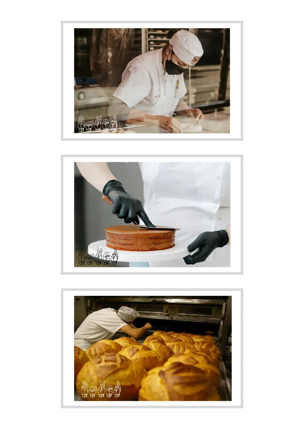 Three baker vocabulary photo cards with ASL fingerspelling, showing dough preparation, frosting, and bread