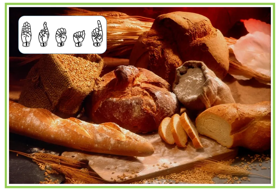 Fingerspelling bread: ASL handshapes for B, R, E, A and D shown over the bread photo, without the printed word to read