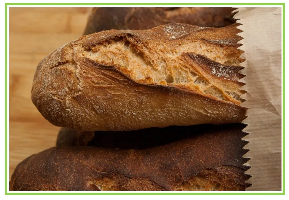 Loaf vocabulary card, picture only: a close-up photo of crusty baguette loaves on brown paper for students to name