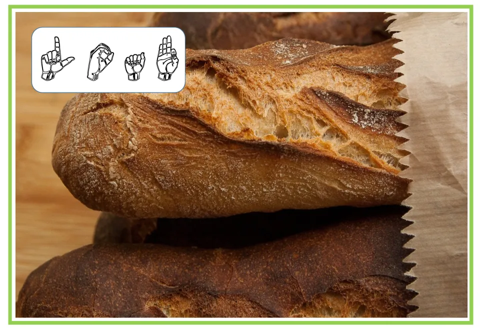 Fingerspelling loaf: ASL handshapes for L, O, A and F shown over the baguette photo, with no printed word given
