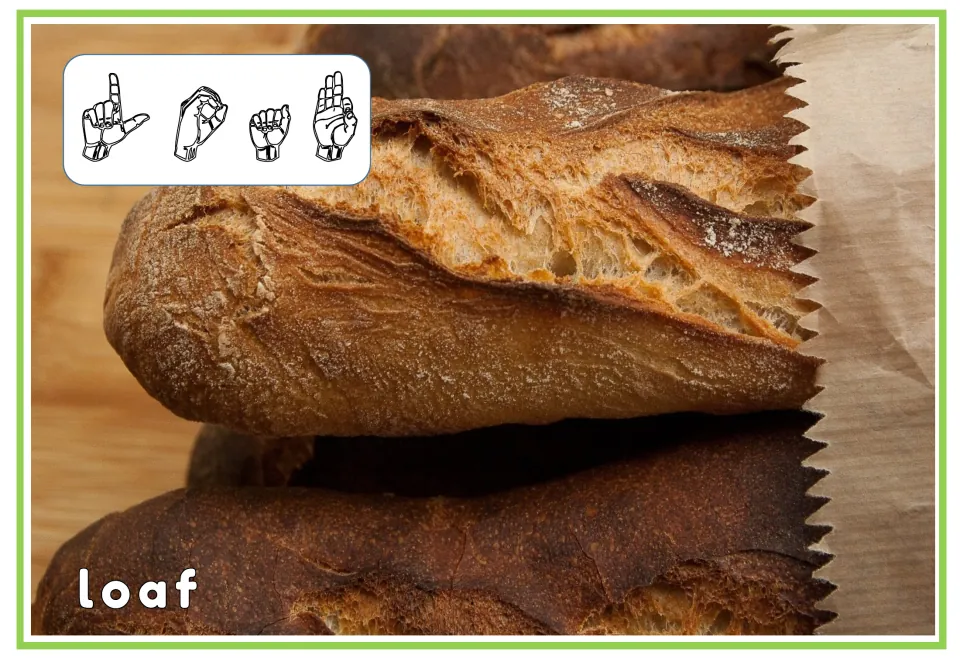 Loaf card showing the ASL fingerspelled letters L-O-A-F at the top and the printed word loaf at the bottom of the photo