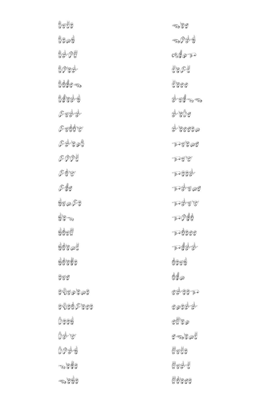 ASL fingerspelling reference list for the verb flashcards, showing handshape sequences for all 50 words