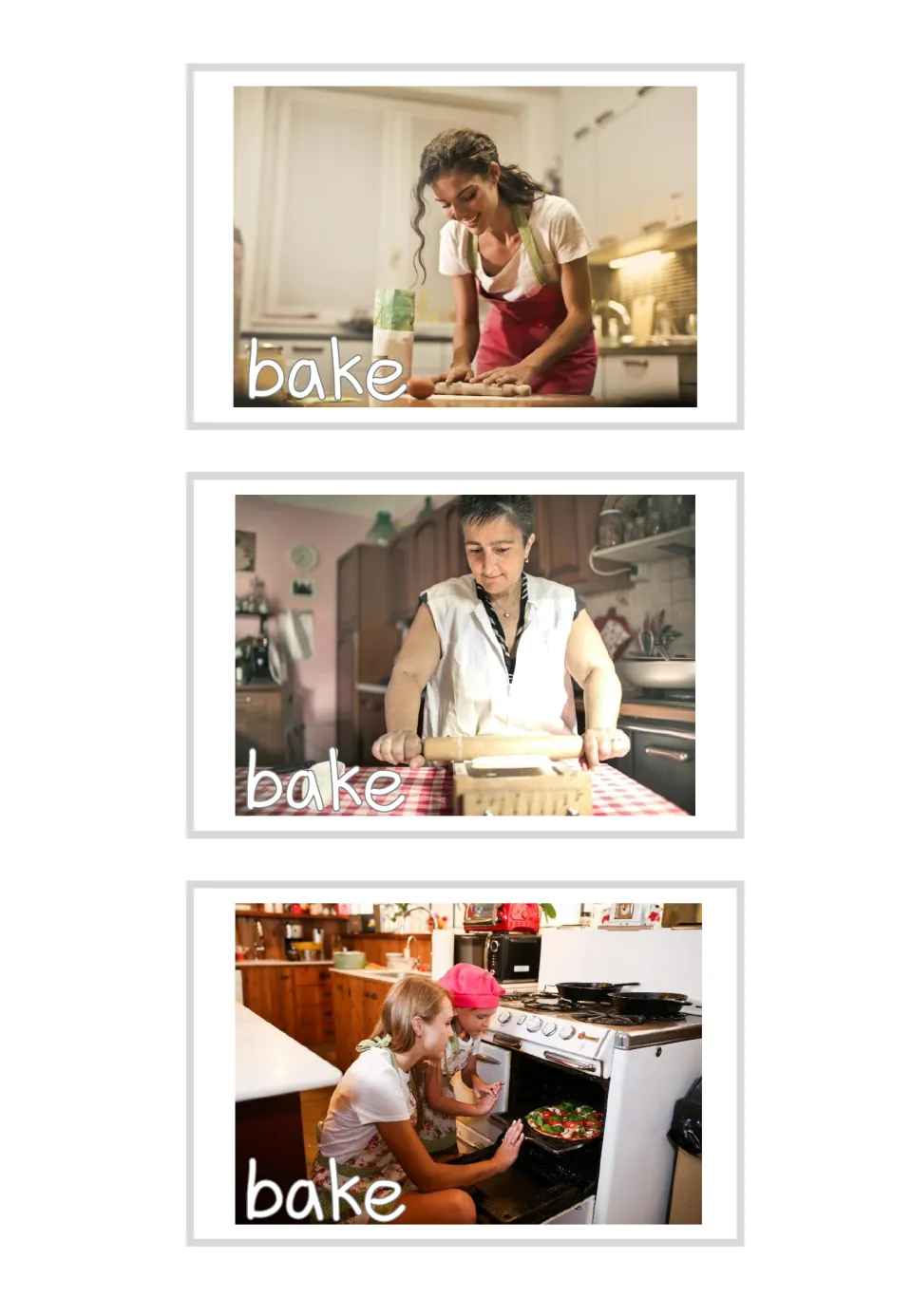 Three bake flashcards labeled 'bake' show kneading dough, rolling dough, and checking food in an oven