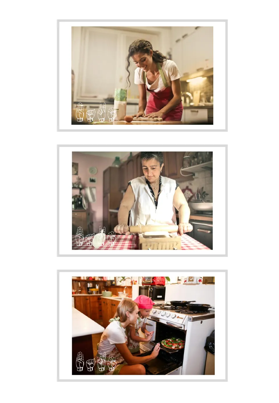 Three bake flashcards pair ASL fingerspelling with photos of kneading dough, rolling dough, and oven use