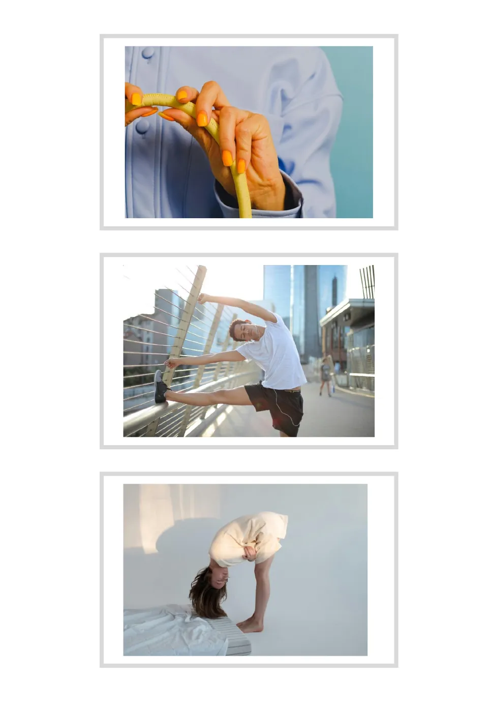 Three unlabeled bend flashcards show hands bending an object, a person stretching, and a person bending over