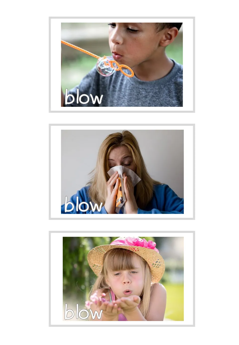 Three blow flashcards labeled 'blow' show blowing bubbles, blowing a nose, and blowing over cupped hands