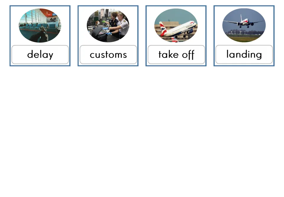 Lowercase airport vocabulary flashcards 13–16 show pictures labeled delay, customs, take off, and landing