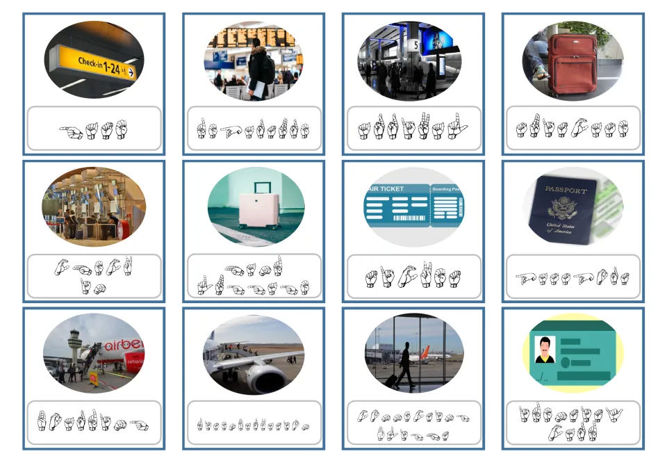 ASL fingerspelling airport flashcards 1–12 pair handshape letters with gate, departure, arrival and nine more