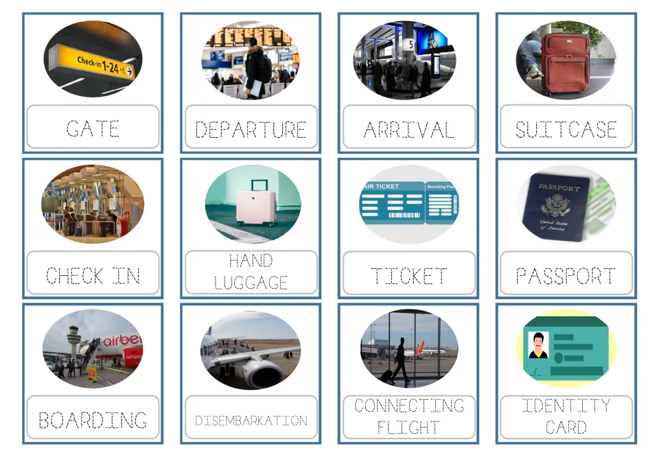 Uppercase tracing airport flashcards 1–12: dotted words include GATE, DEPARTURE, ARRIVAL, SUITCASE and eight more