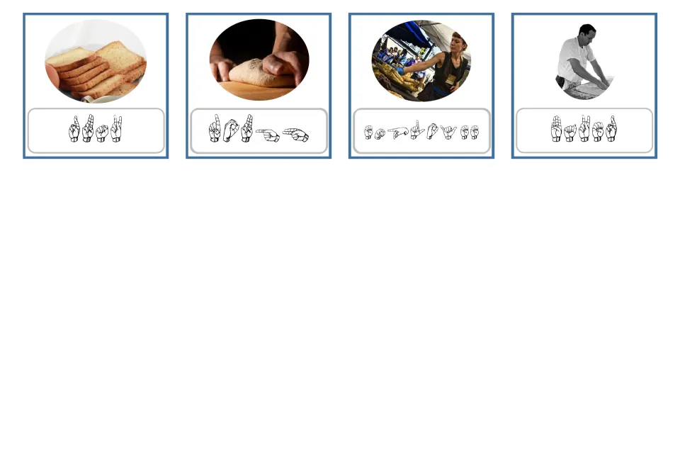 ASL fingerspelling cards 13–16 pair photos of rusk, dough, an employee, and a baker with handshape sequences