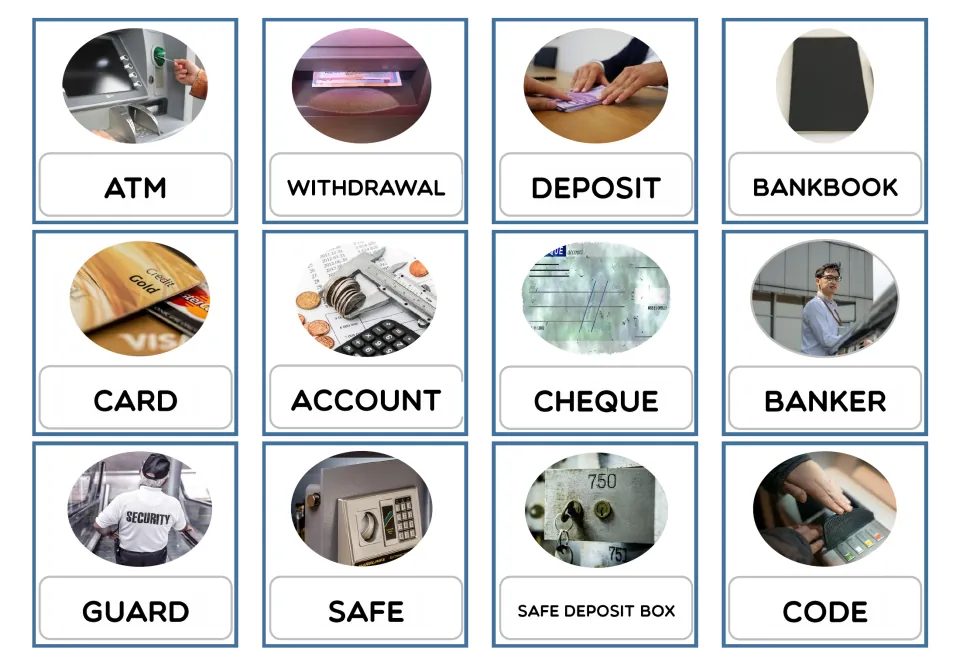 Uppercase banking vocabulary cards 1–12: ATM, WITHDRAWAL, DEPOSIT, BANKBOOK and eight more pictured terms