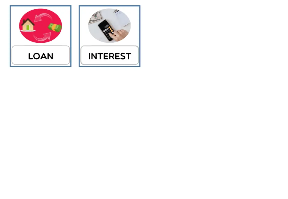 Uppercase banking vocabulary cards 13–14: LOAN and INTEREST, with house-and-money art and a calculator