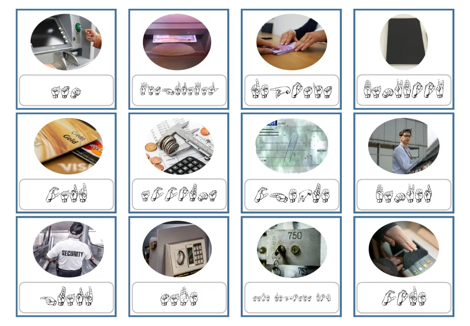 ASL fingerspelling banking cards 1–12: pictures for ATM, withdrawal, deposit, bankbook and eight more terms