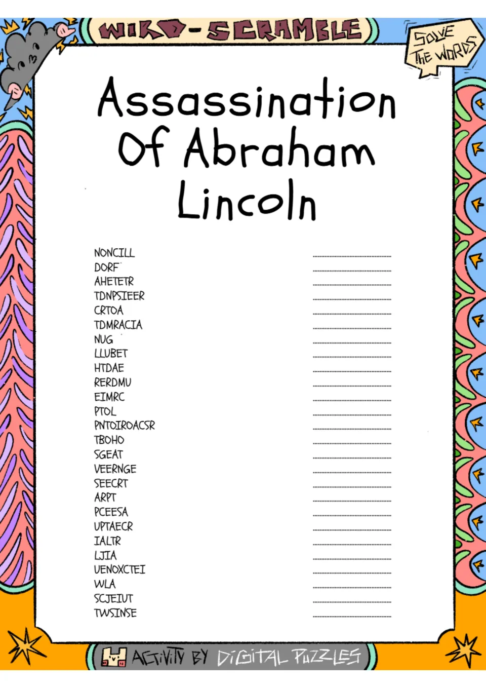 Lincoln assassination word scramble: students unscramble 26 words such as NONCILL, DORF, AHETETR and TBOHO