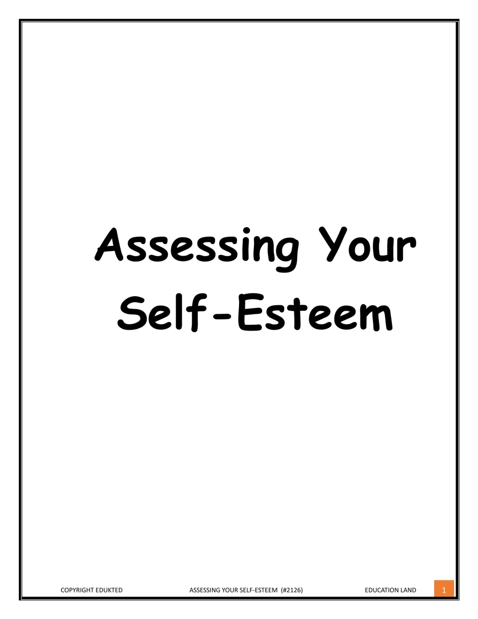 Cover page showing the title Assessing Your Self-Esteem in large bold lettering, with an Education Land footer and #2126