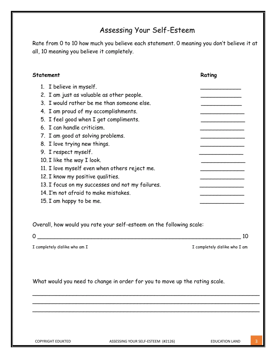 Self-esteem survey: students rate 15 statements like I believe in myself from 0 to 10, score overall, note what to change