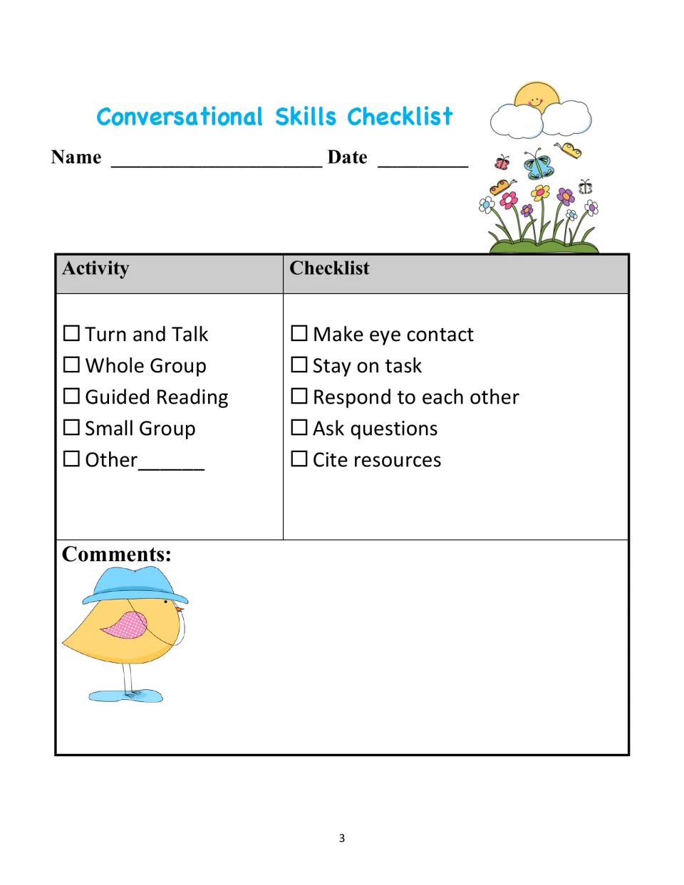Conversational skills checklist: make eye contact, stay on task, respond to each other, ask questions, cite resources