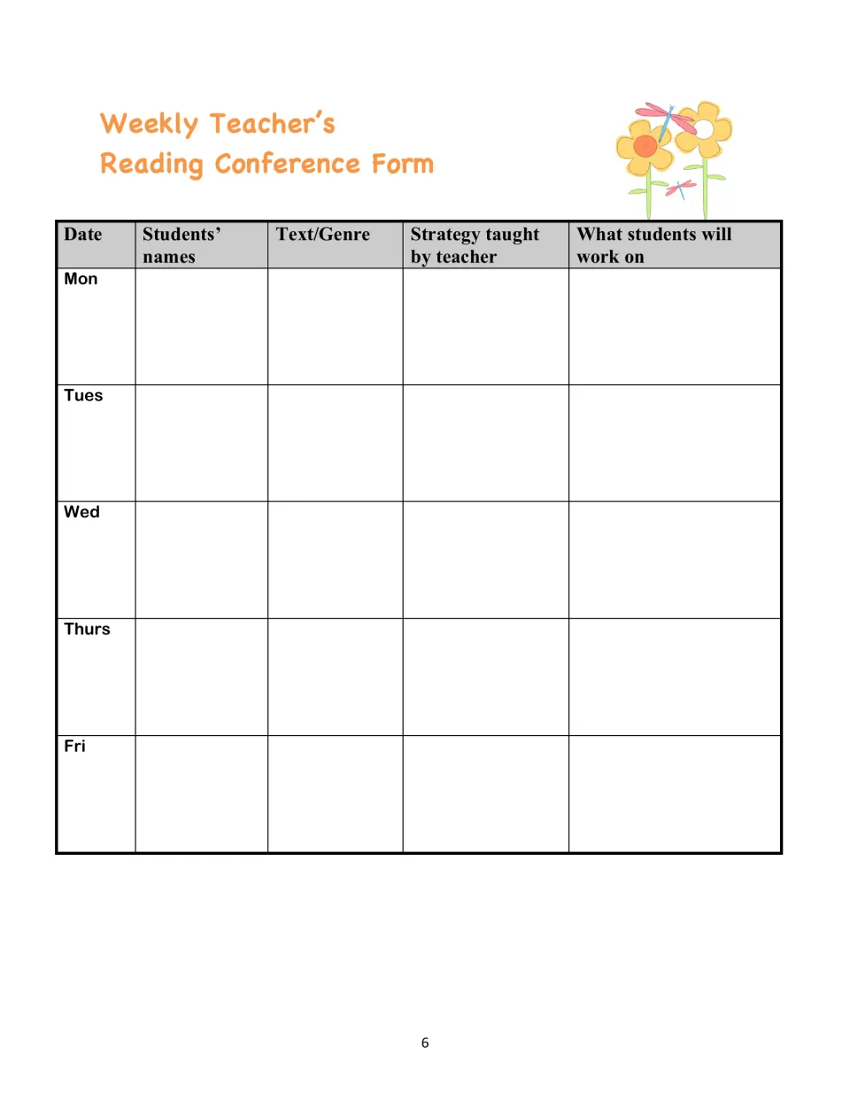 Weekly teacher reading conference form records student names, text or genre, strategies taught, and next steps