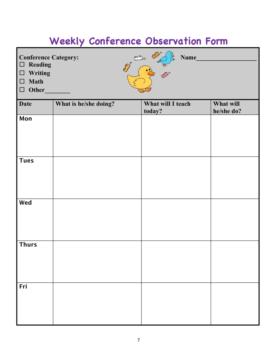 Weekly conference observation form for reading, writing, math, or other areas tracks observations and teaching plans
