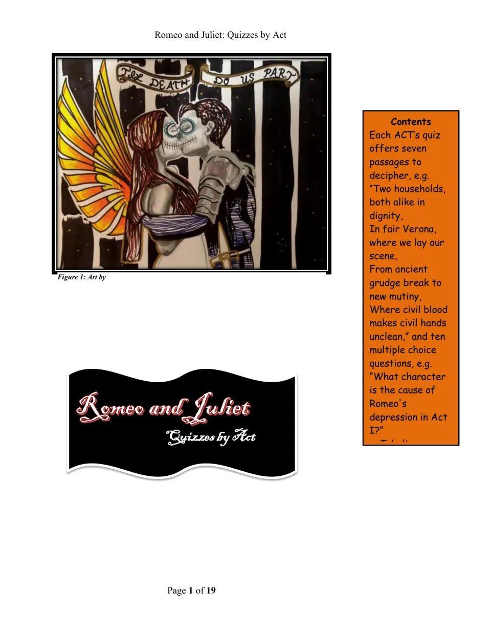 Romeo and Juliet Quizzes by Act cover: sugar-skull couple art under a Til Death Do Us Part banner and a contents note