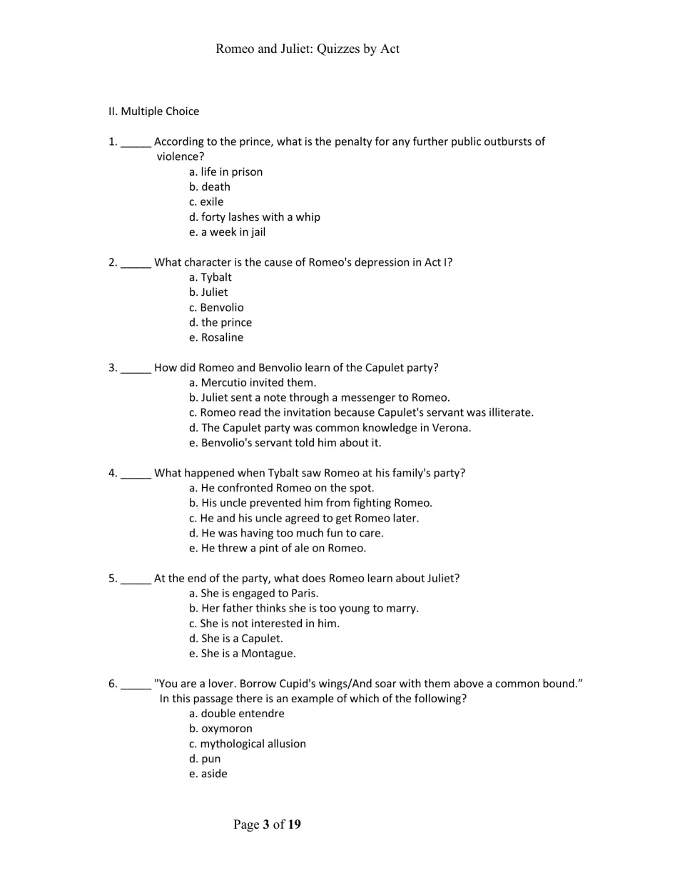 Act I multiple choice, items 1-6: plot questions on the prince's penalty, Rosaline, the Capulet party and a Cupid allusion