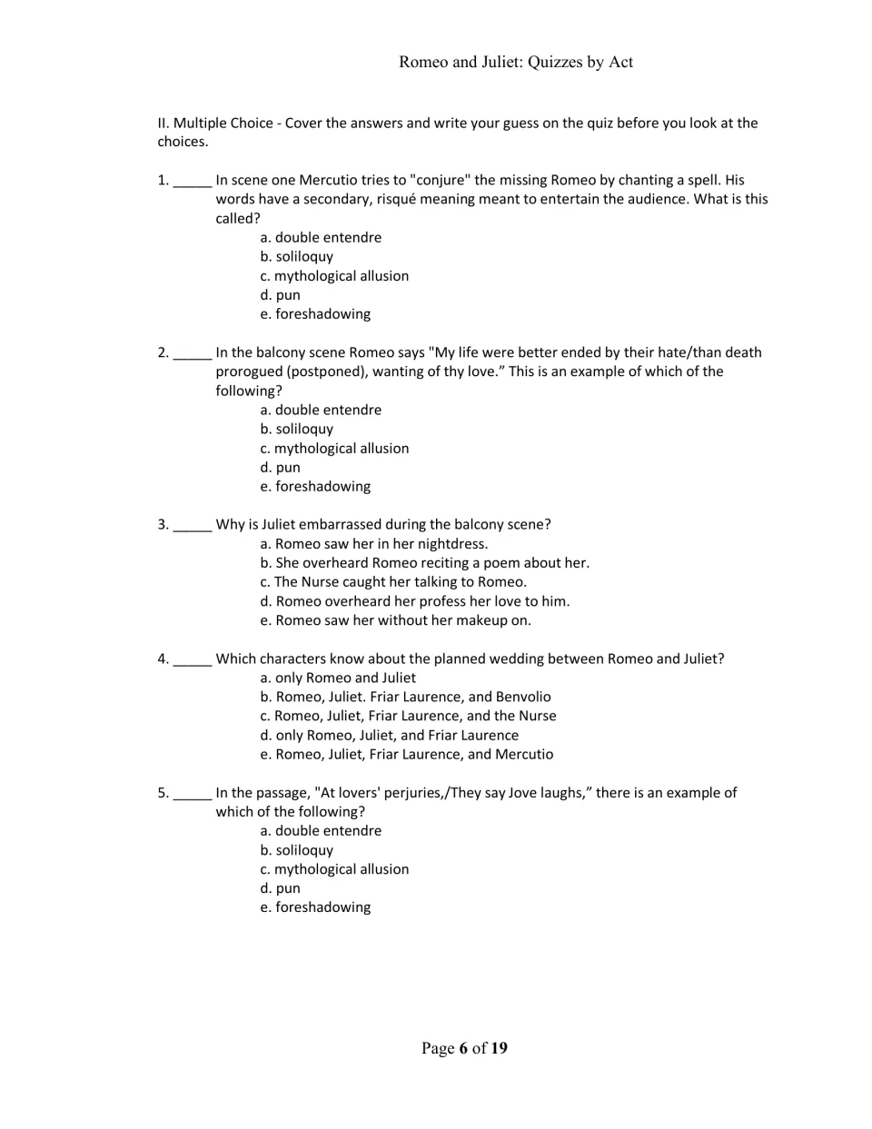 Act II multiple choice, items 1-5: students guess before viewing choices on the balcony scene, wedding plans and allusion