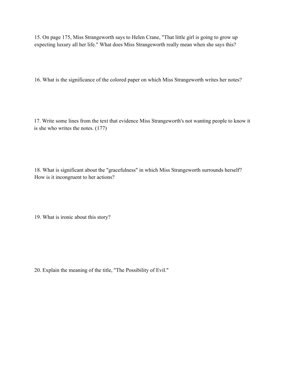 "The Possibility of Evil" questions 15-20: colored notes, hidden authorship, gracefulness vs. actions, irony and the title