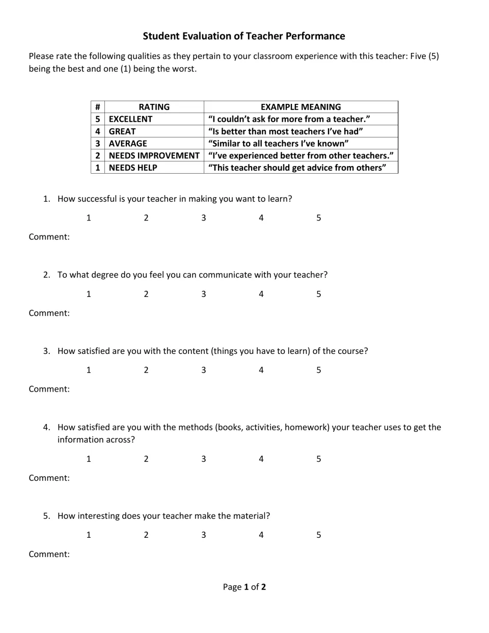 Student evaluation of teacher performance: students rate 5 questions from 1 to 5, such as making them want to learn