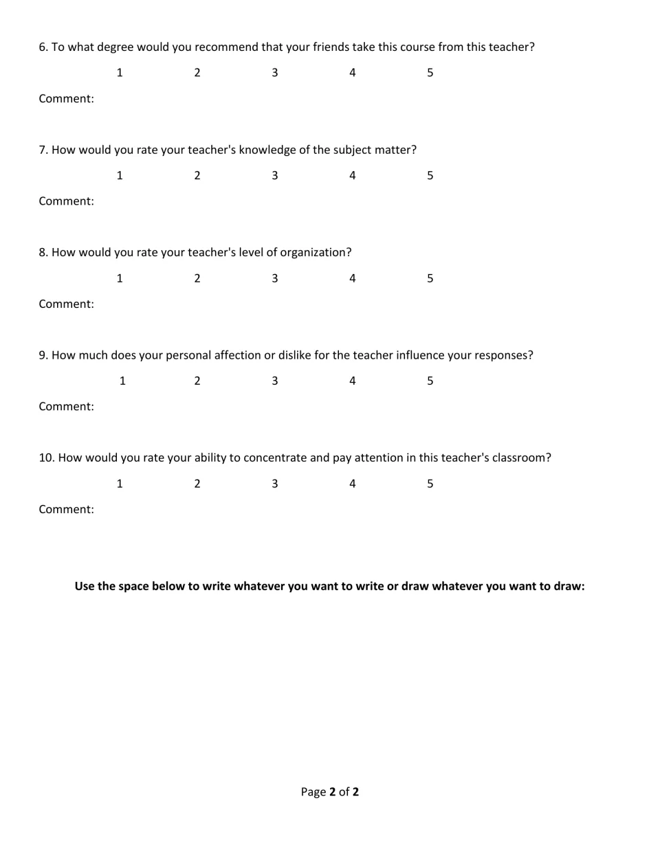 Teacher evaluation questions 6-10: students rate knowledge, organization and focus 1 to 5, then write or draw freely