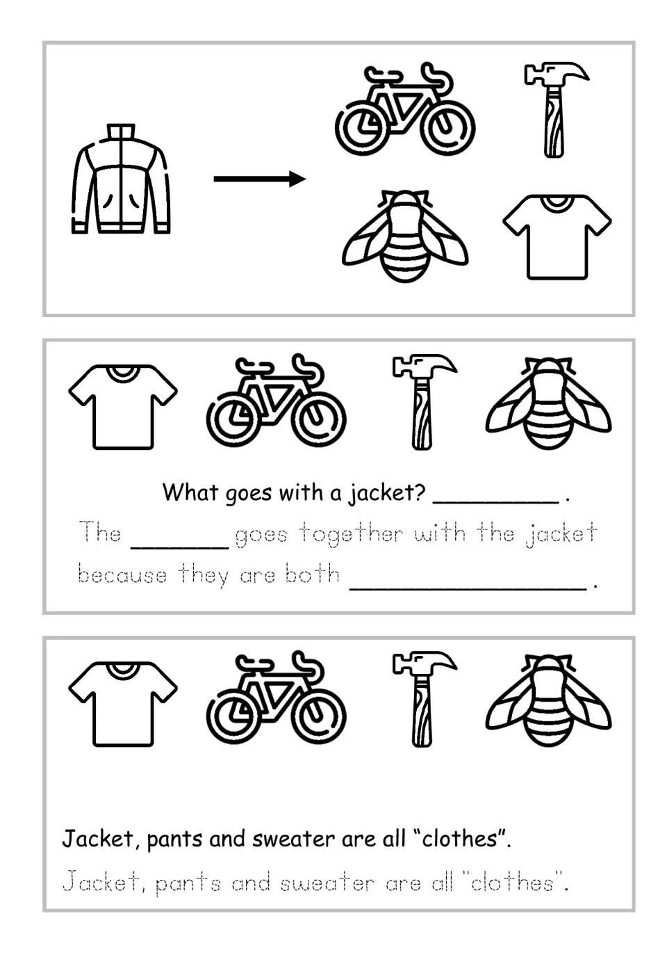 Clothes association in black and white: what goes with a jacket? Students choose from shirt, bike, hammer and bee