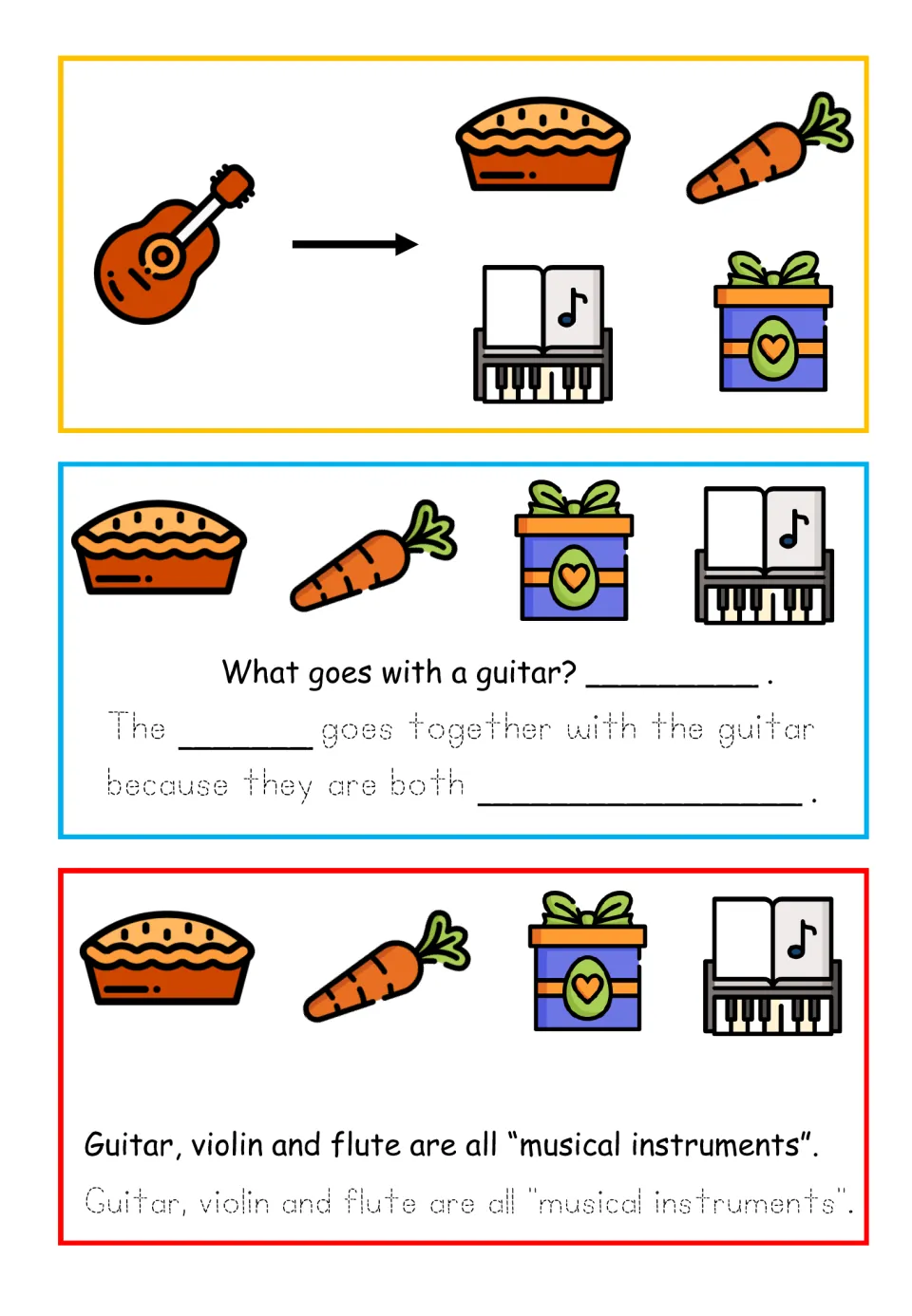 Musical instruments association, color: students match a guitar to the piano, not a pie, carrot or gift, and trace why