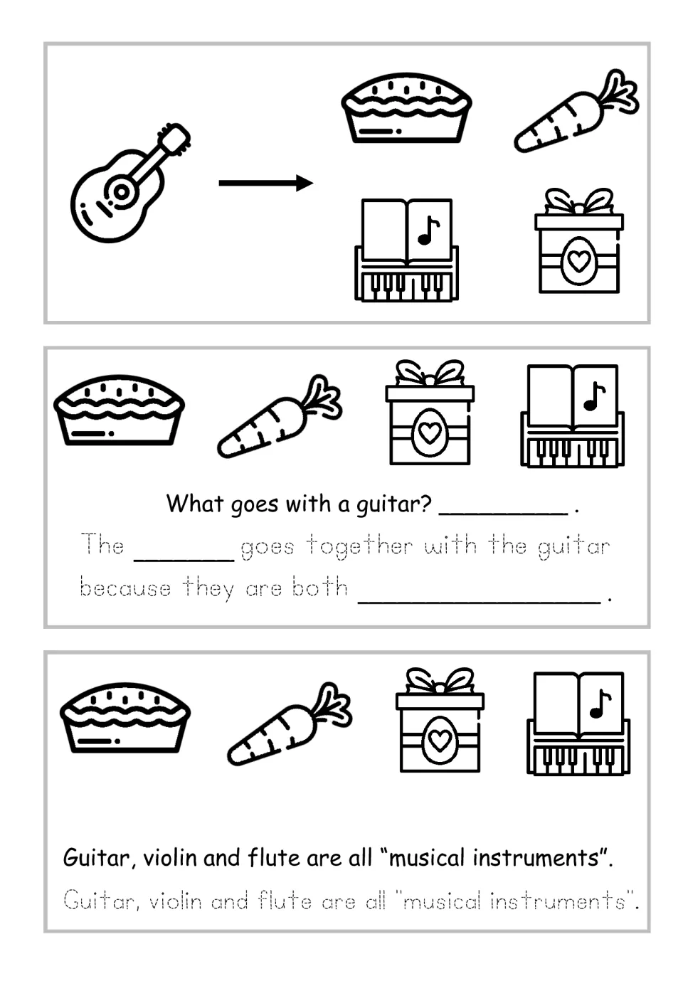Musical instruments in black and white: what goes with a guitar? Students pick from pie, carrot, gift box and piano