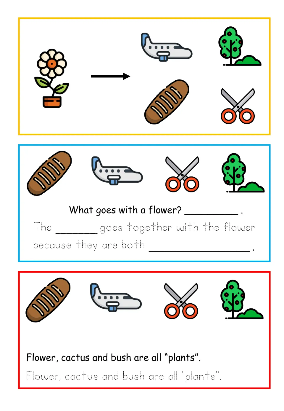 Plants association, color: students match a potted flower to the tree, not bread, a plane or scissors, then trace why