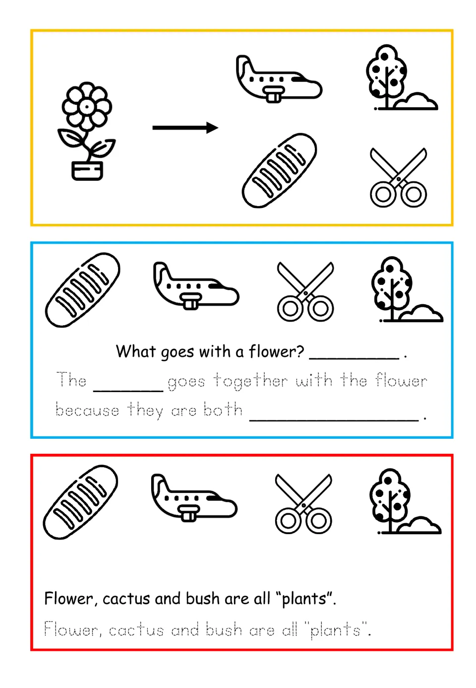 Plants in black and white: what goes with a flower? Students choose from bread, airplane, scissors and a tree