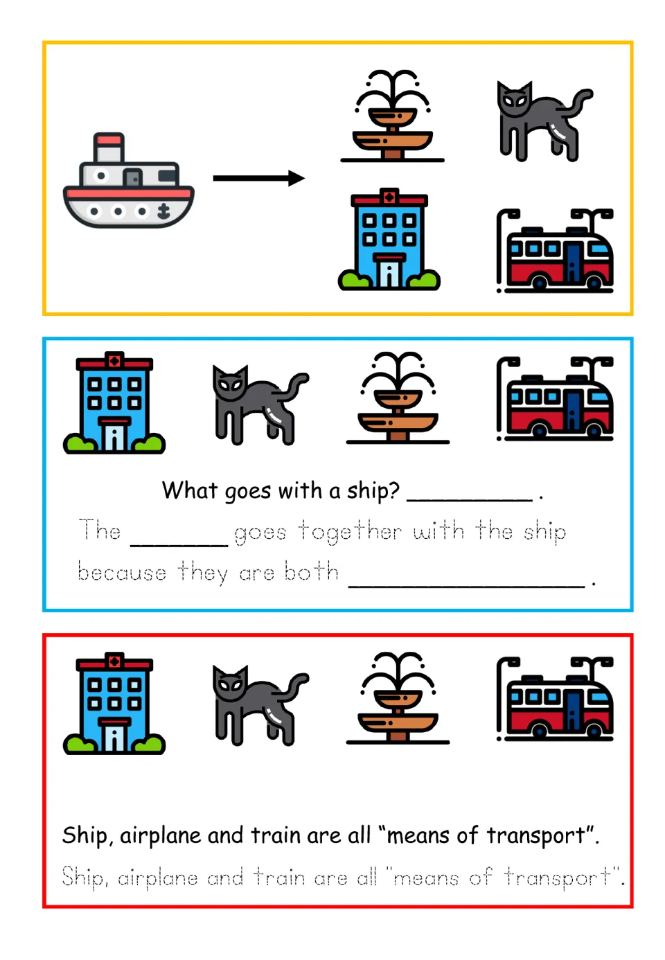 Means of transport association, color: students match a ship to the bus, not a hospital, cat or fountain, and trace why