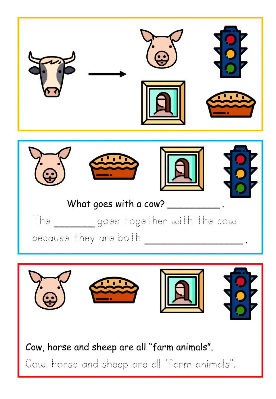 Farm animals association, color: students match a cow to the pig, not a portrait, traffic light or pie, then trace why